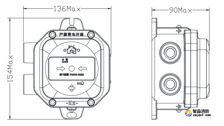 J-SAP-M-A62G-Ex隔爆型手動(dòng)火災(zāi)報(bào)警按鈕外觀尺寸