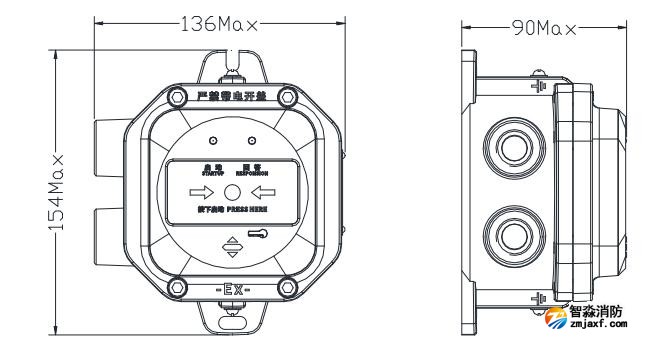 J-SAP-M-A63G-Ex防爆型消火栓按鈕外觀尺寸