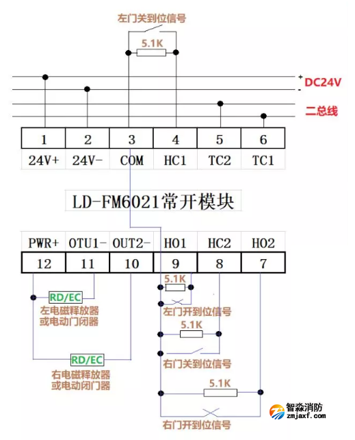 LD-FM6021利達(dá)防火門監(jiān)控常開模塊接線圖