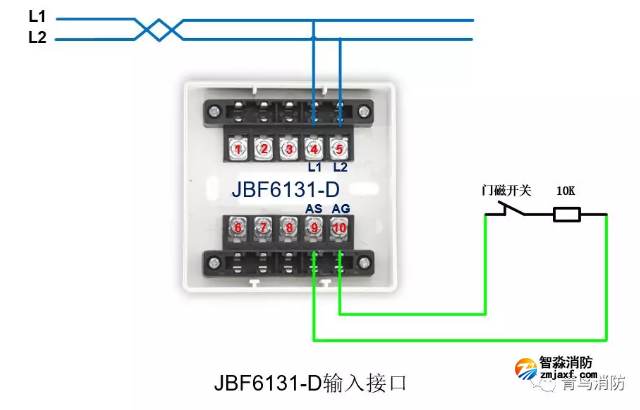 青鳥消防防火門監(jiān)控系統(tǒng)接線圖之JBF6131-D輸入接口模塊接線圖