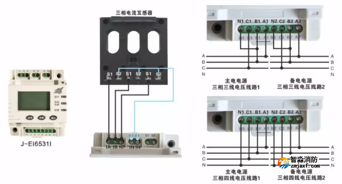 J-EI6531I單路三相交流電壓及1路電流傳感器接線圖