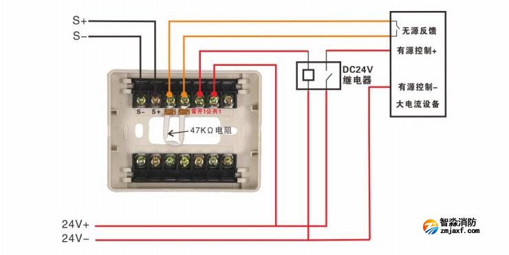 J-EI6043D輸入輸出模塊通過控制DC24V繼電器來間接控制大電流消防聯(lián)動設(shè)備接線圖 