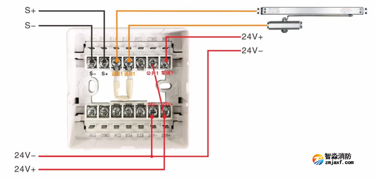 J-EI8341防火門(mén)監(jiān)控模塊接聯(lián)動(dòng)閉門(mén)器接線圖（常開(kāi)式防火門(mén)）