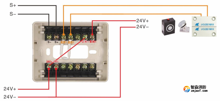 J-EI6341防火門(mén)監(jiān)控模塊接電磁釋放器與門(mén)磁開(kāi)關(guān)接線圖（常開(kāi)式防火門(mén)）