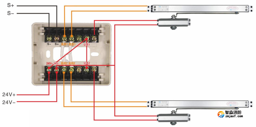 J-EI6342防火門(mén)監(jiān)控模塊接聯(lián)動(dòng)閉門(mén)器接線圖（常開(kāi)式雙扇防火門(mén)）