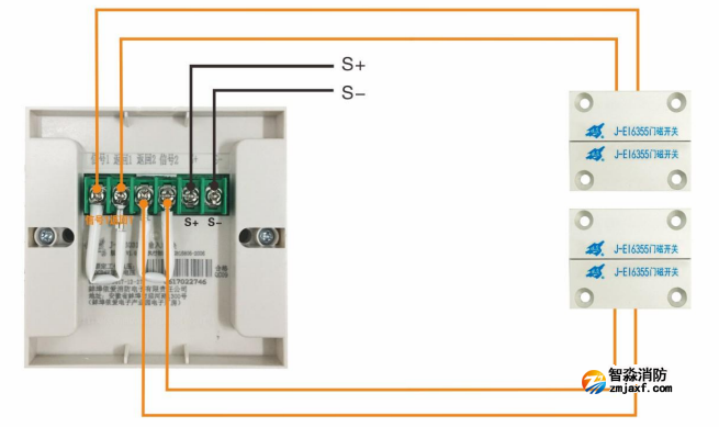 J-EI6031雙輸入模塊接門(mén)磁開(kāi)關(guān)接線圖（常閉式雙扇防火門(mén)）